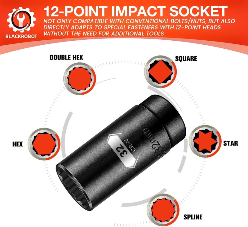 BLACKROBOT 32 mm 12-Point Deep Impact Socket, 1/2 Inch Drive, Metric, Cr-V Steel With Black Manganese Phosphate Coating - Image 3